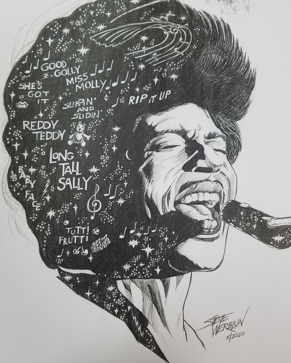 Little Richard portrait, hair filled with his song titles