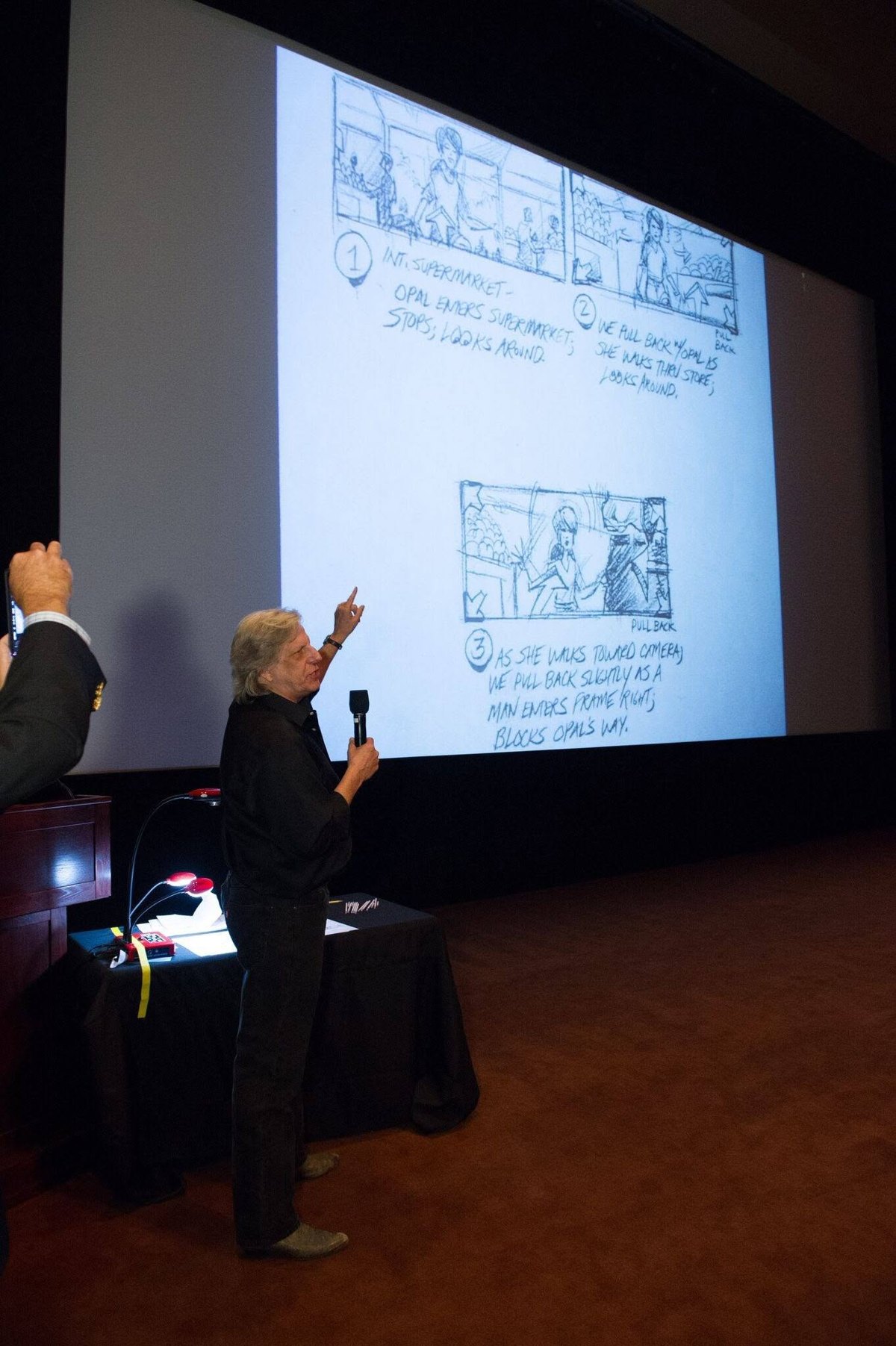 Steve Werblun presenting a storyboard sequence on screen